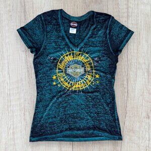 HARLEY DAVIDSON V-Neck Burnout T-Shirt Teal Black Gold Embroidered Top Womens M
